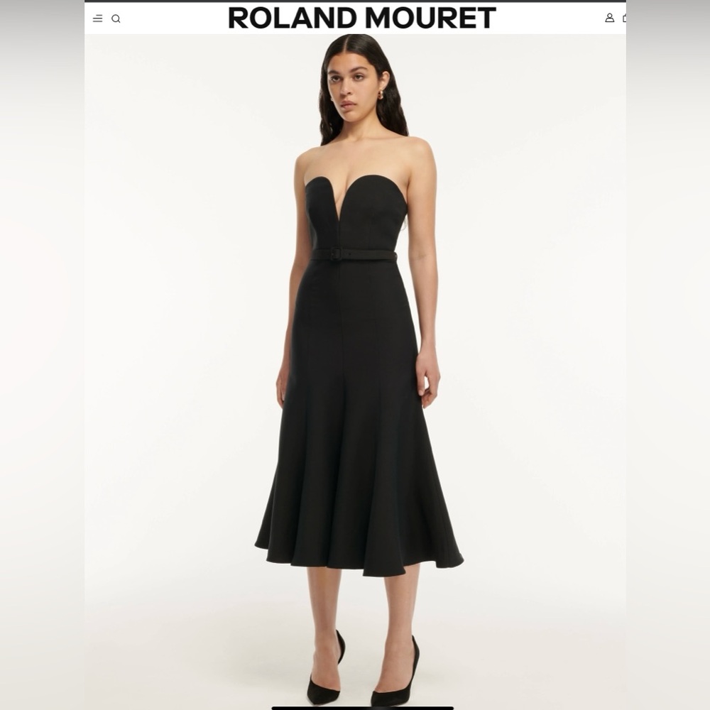 Roland Mouret Strapless Wool Silk Belted Corset Bodice Midi Dress Black US 10